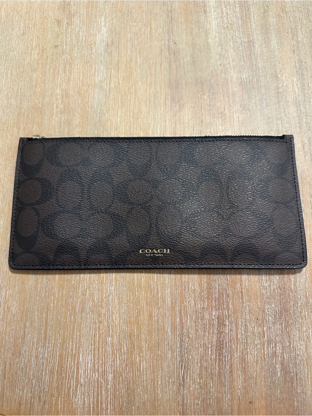 Coach Brown Signature Zip Clutch Wallet with Gold Logo